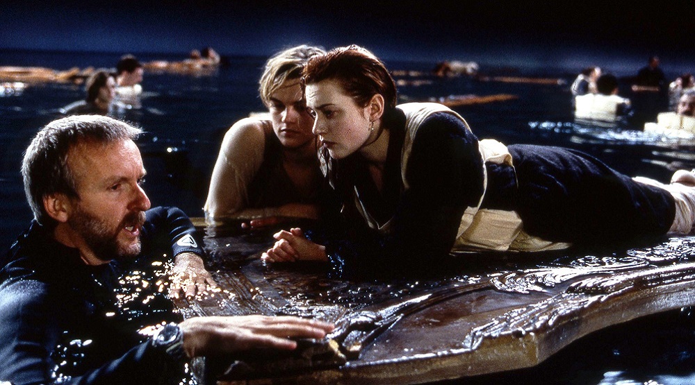 Джеймс Кэмерон, Леонардо ДиКаприо и Кейт Уинслет на съемках фильма «Титаник», 1996 год