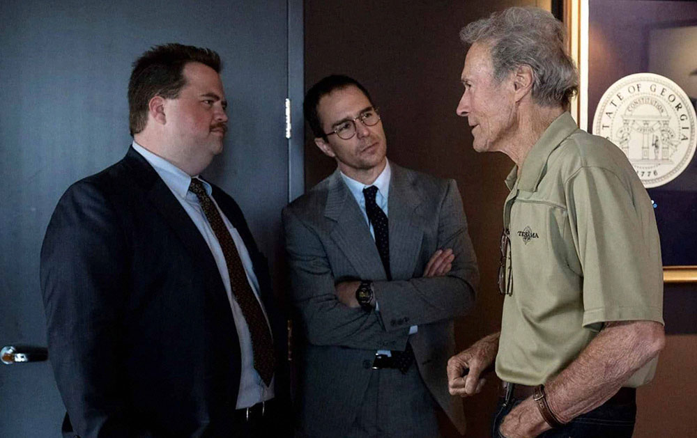 Пол Уолтер Хаузер, Сэм Рокуэлл и Клинт Иствуд на съемках фильма «Дело Ричарда Джуэлла»