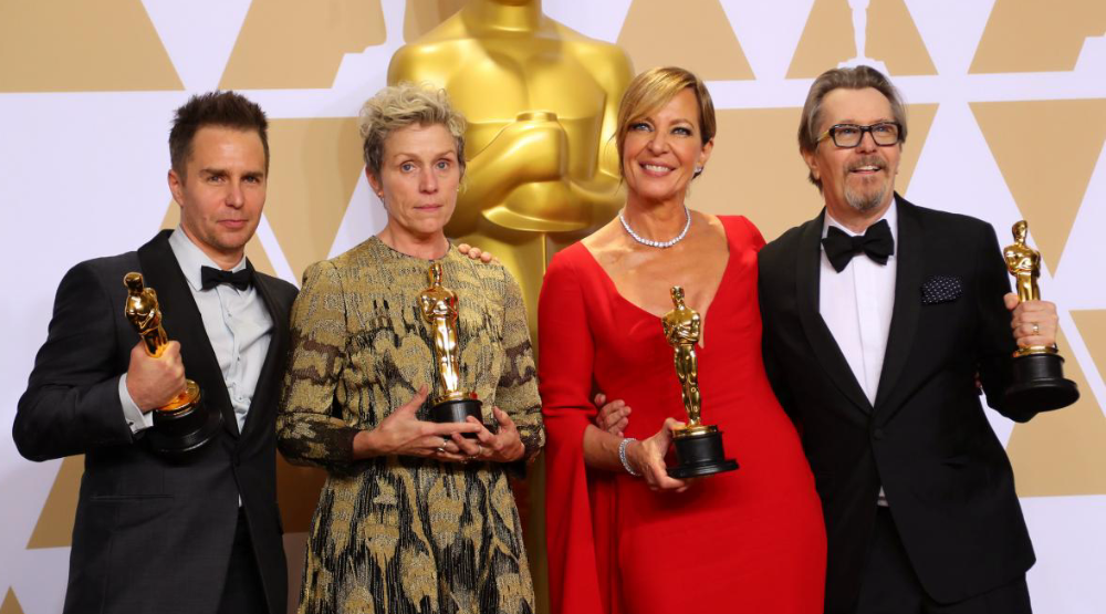 Сэм Рокуэлл, Фрэнсис МакДорманд, Эллисон Дженни и Гари Олдман на церемонии вручения премии «Оскар»-2018