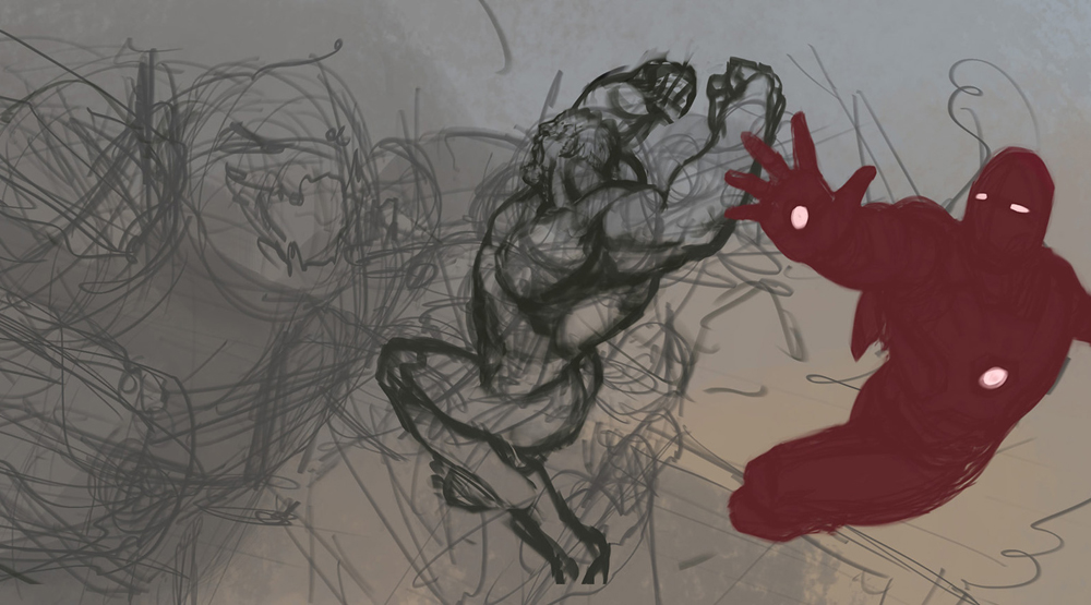 Наброски варианта финальной битвы в фильме «Мстители: Эра Альтрона» от художника Фила Сондерса