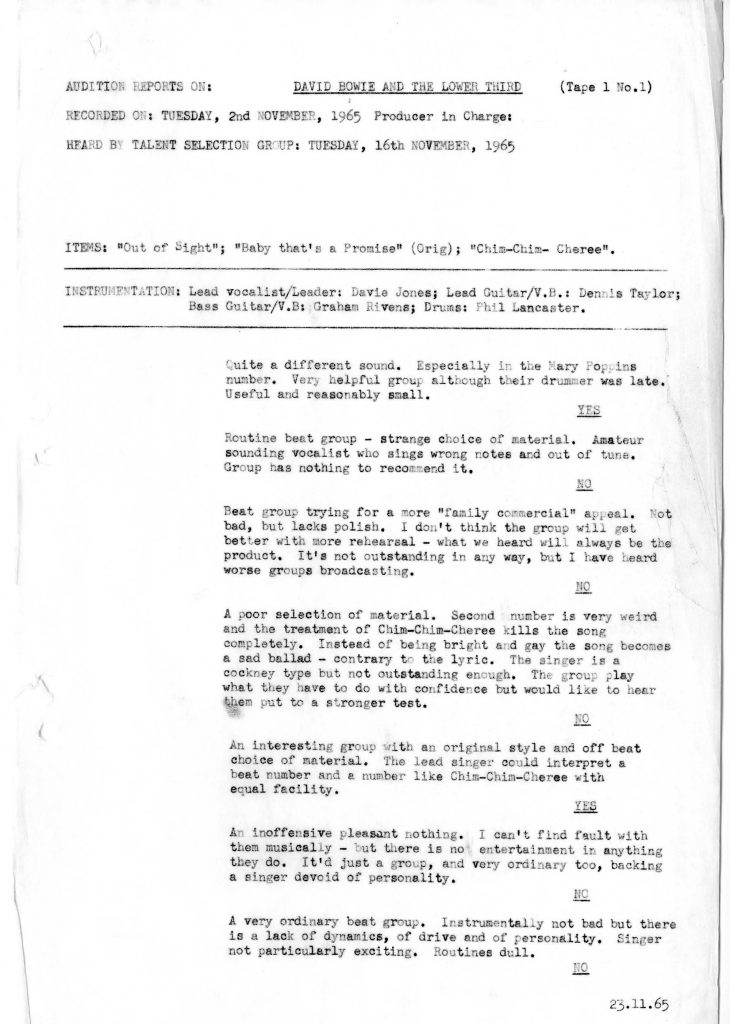 Отчет о прослушивании Дэвида Боуи на BBC в ноябре 1965 года/ Credit: Press/BBC