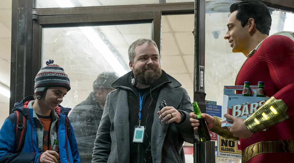 Джек Дилан Грейзер, Дэвид Ф. Сандберг и Закари Ливай на съемках фильма «Шазам!»