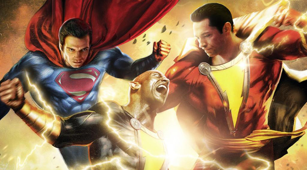 Генри Кавилл в образе Супермена, Дуэйн Джонсон в образе Черного Адама и Закари Ливай в образе Шазама, арт DeviantArt