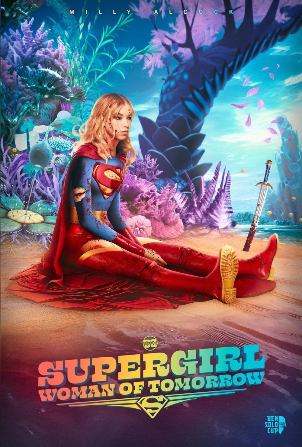 Милли Олкок в образе Супергерл для фильма «Супергерл: Женщина завтрашнего дня», фан-арт / Фото: соцсети BenSolo_Cup