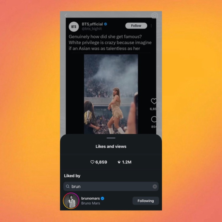 Предполагаемый скриншот лайка Бруно Марса / Источник: аккаунт Pop Flop