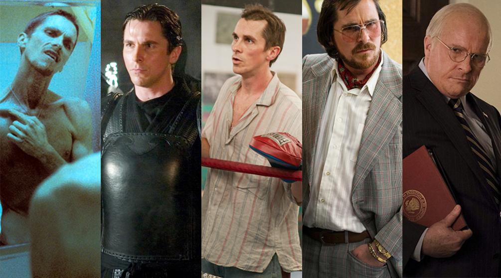 Кристиан Бэйл в фильмах (слева направо) «Машинист», «Бэтмен: Начало», «Боец», «Афера по-американски» и «Власть»