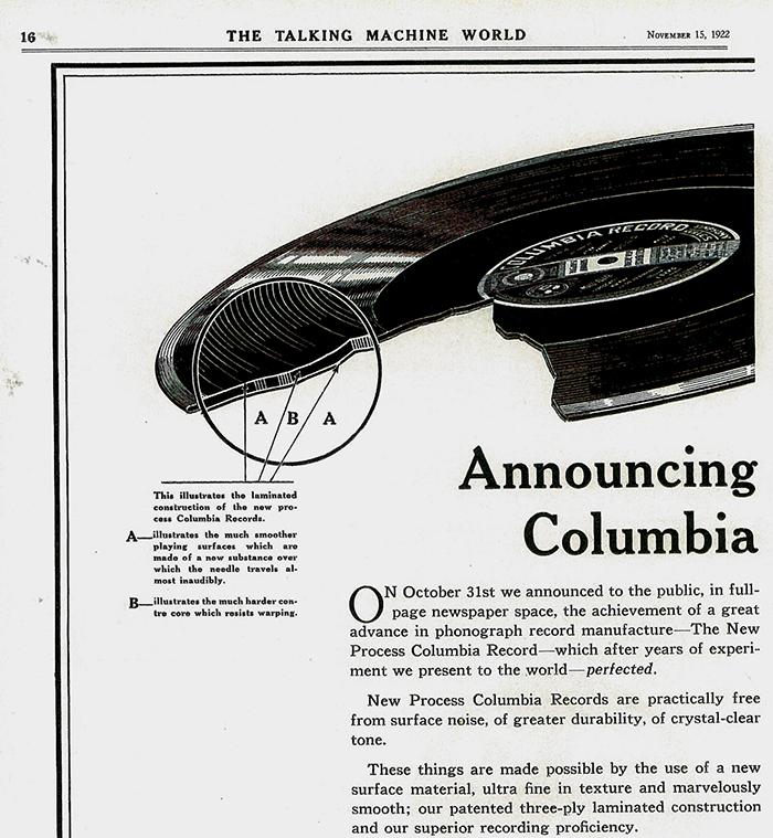 Рекламное объявление фирмы Columbia 1922 года, анонсирующее поступление в продажу пластинок из шеллака: «Практически лишенные поверхностного шума... кристально-чистый тон».