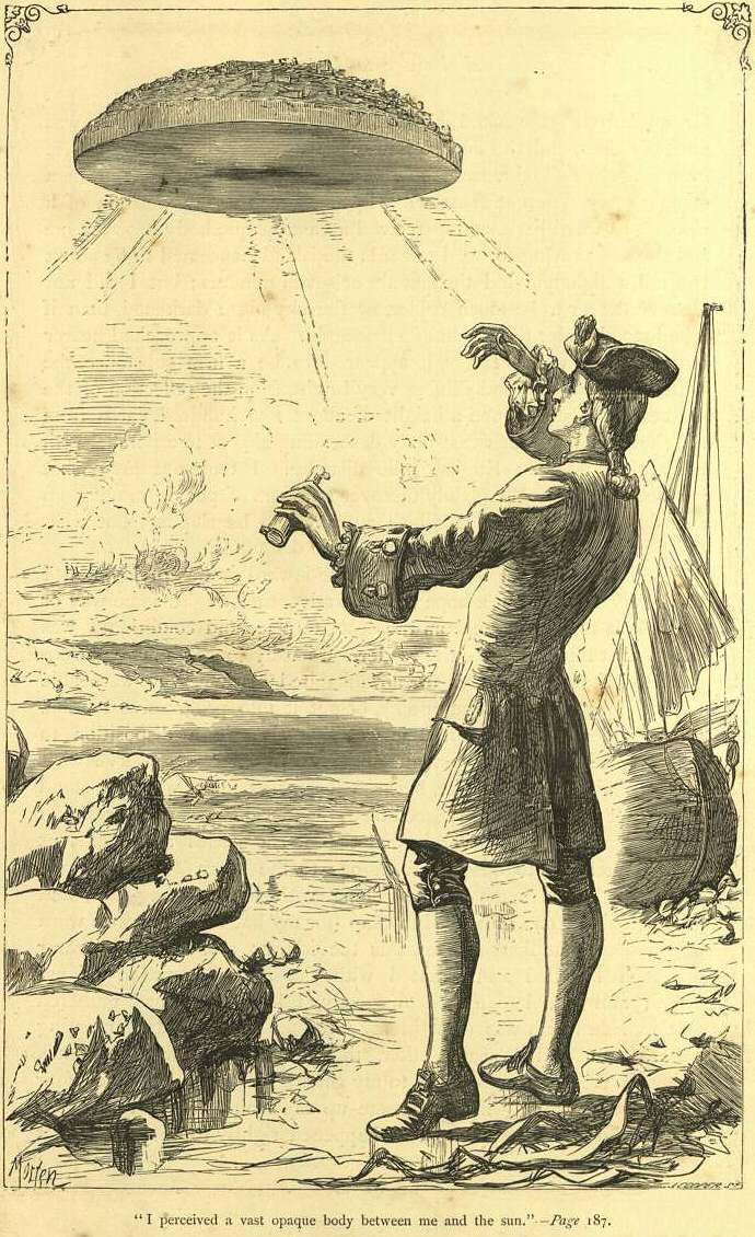 Гулливер и летающий замок Лапута. Иллюстрация к книге «Путешествия Гулливера».